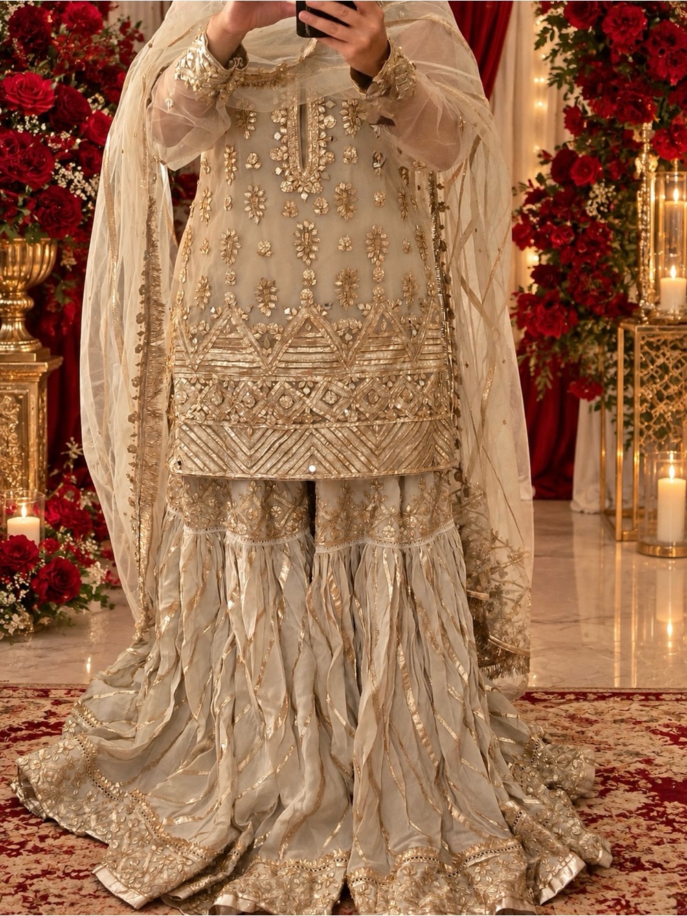 Embroidered Cream & Gold Maxi Sharara Skirt